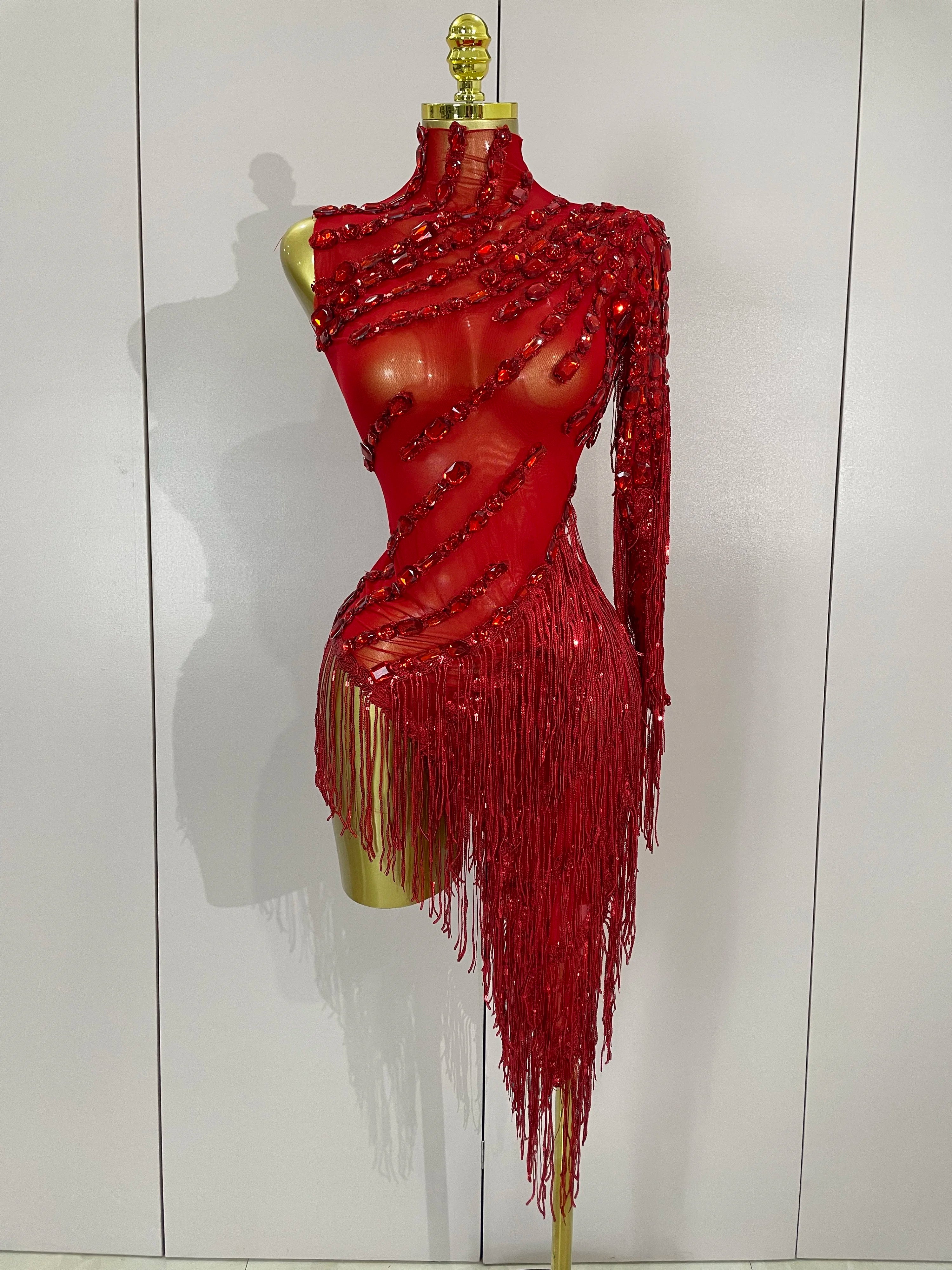 Rhinestone Tassel One-Shoulder Mini Dress | Sheer Mesh | Red, Black & Gold