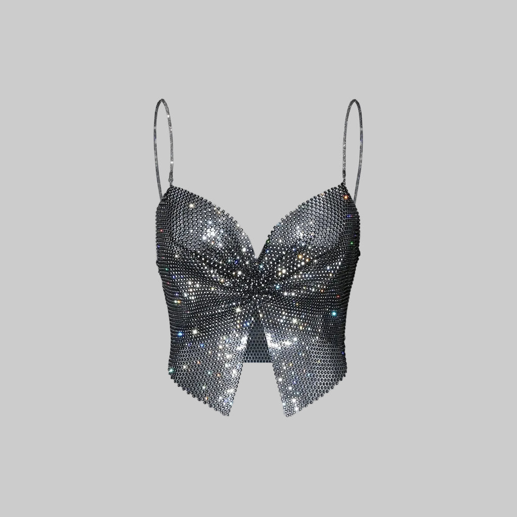 Glitter Rhinestone Fishnet Crop Top - Mesh V-Neck Festival Tank