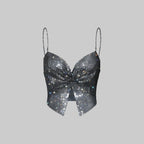 Glitter Rhinestone Fishnet Crop Top - Mesh V-Neck Festival Tank