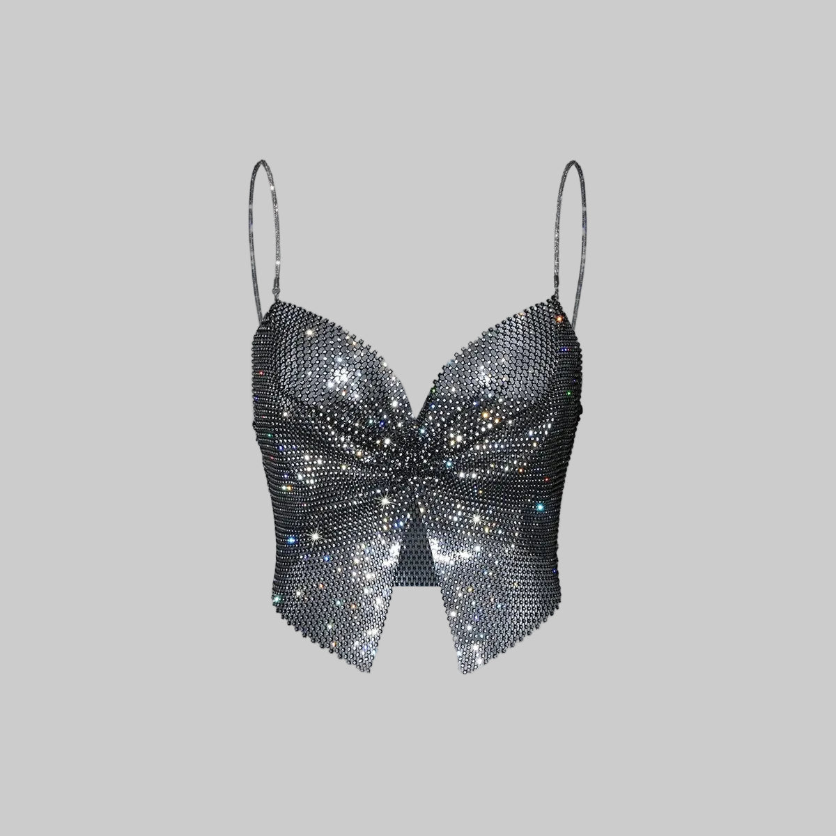 Glitter Rhinestone Fishnet Crop Top - Mesh V-Neck Festival Tank
