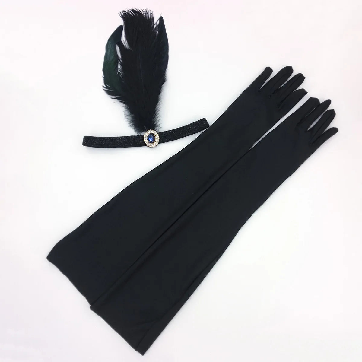 1920s Accessory Set | Feather Headband & Gloves