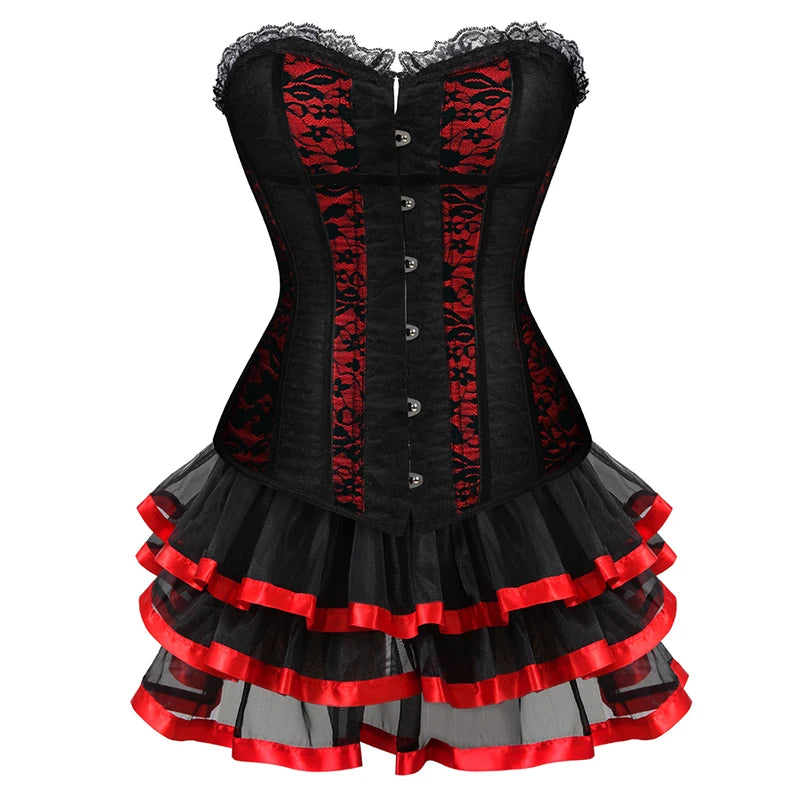 Gothic Floral Corset Dress Set | Red & Black | Lace Skirt | Plus Size