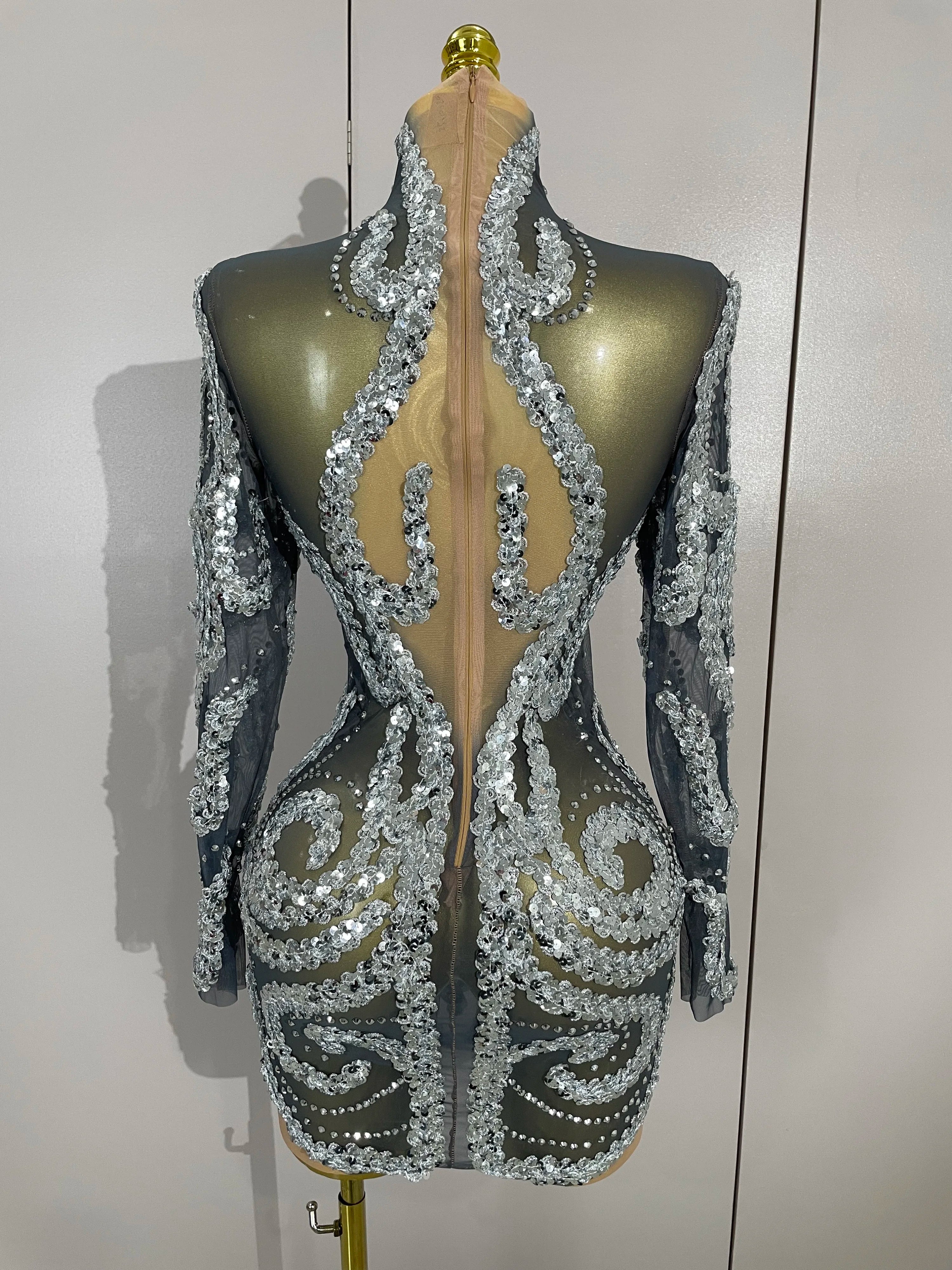 Rhinestone Mesh Long Sleeve Mini Dress | Sparkle | Stage