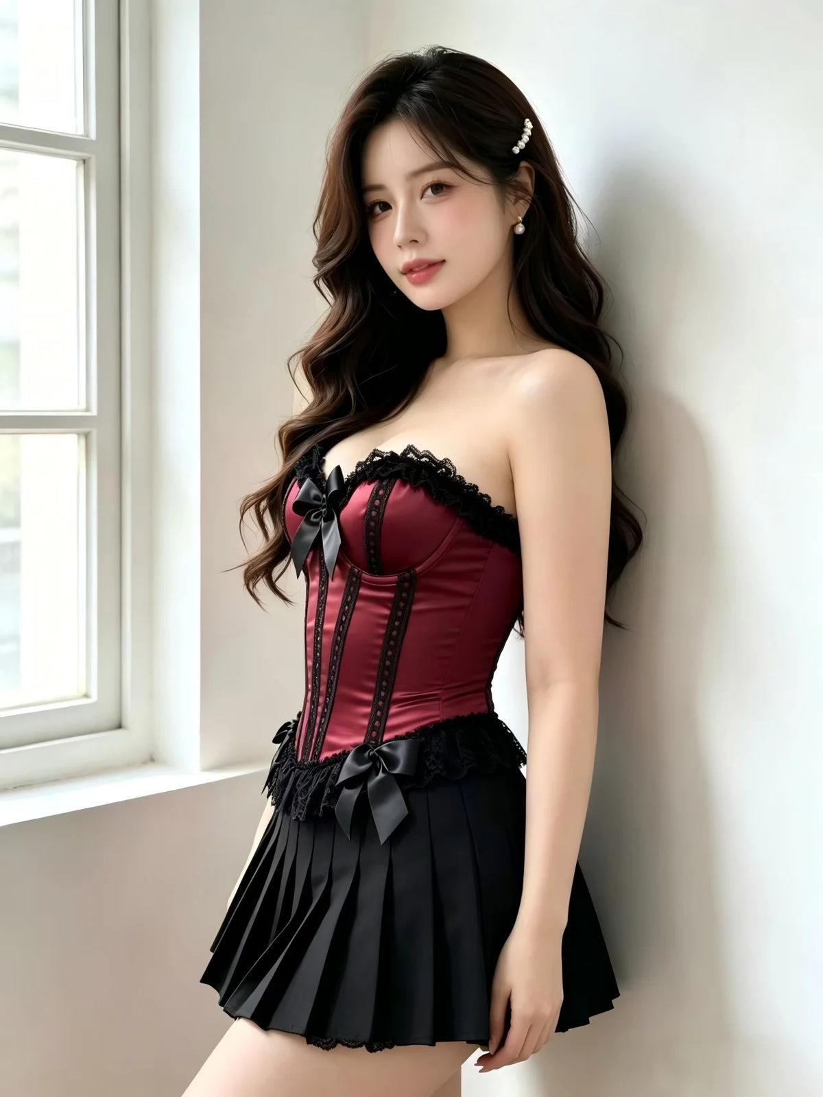 Burlesque Lace-Trim Overbust Corset | Fishbone | Burgundy