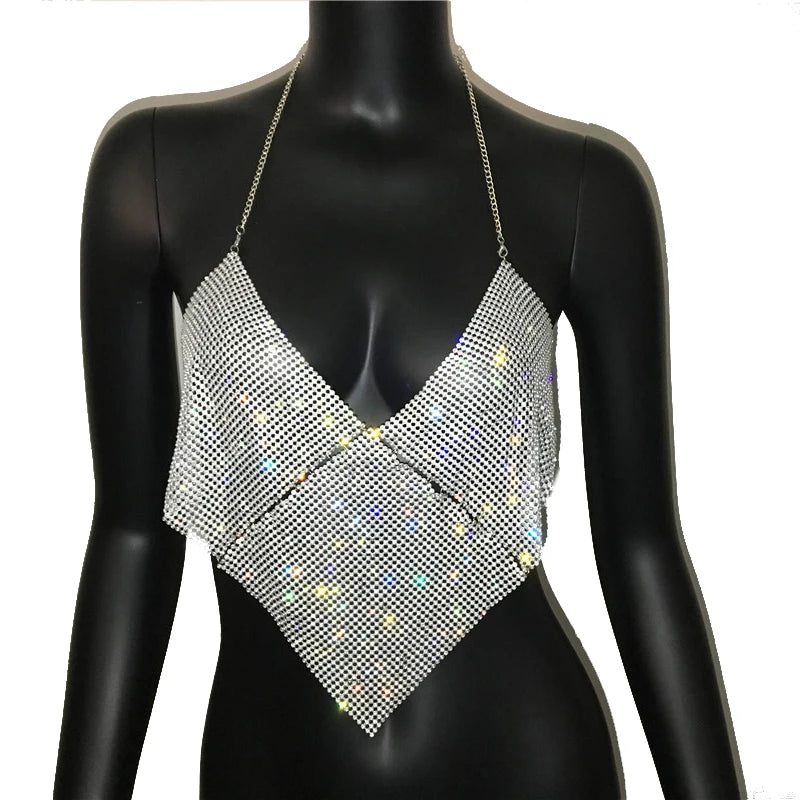 Rhinestone Halter Crop Top - Backless Metal Camisole for Festival & Stage
