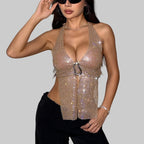 Diamond Fishnet Halter Crop Top - Deep V Backless Camisole