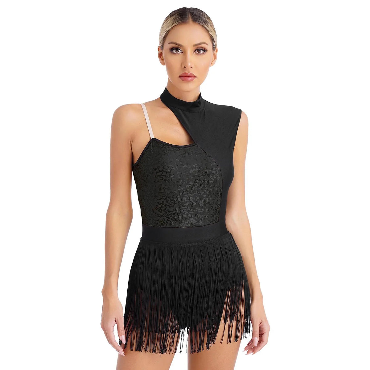 Sequin Tassel Latin Dance Dress | One-Shoulder | Fringe Skirt
