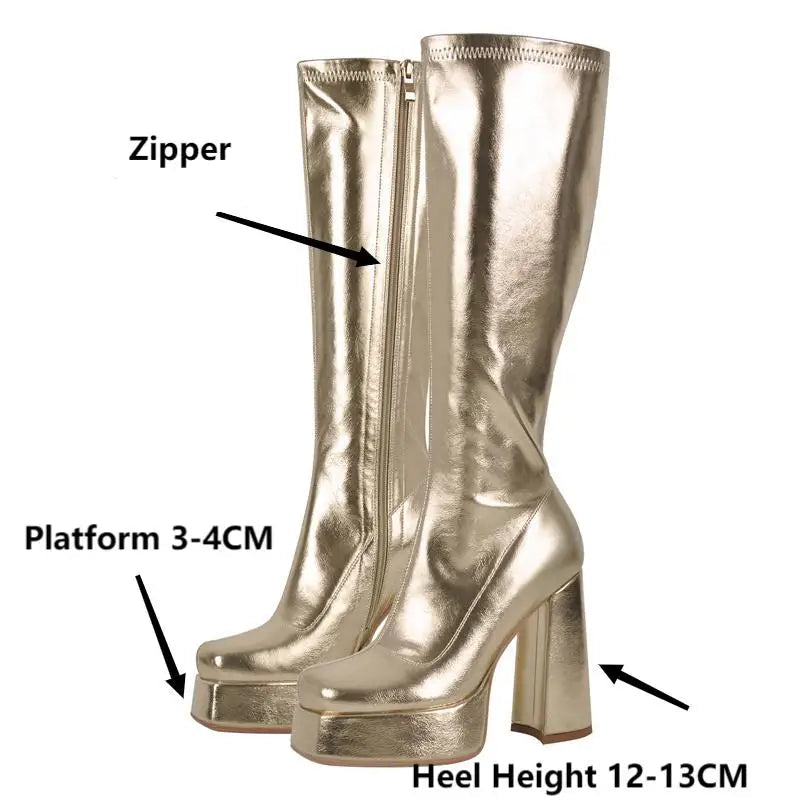 Platform Knee-High Boots | Square Toe Side Zip | 12cm Heel | Sizes US 5–15