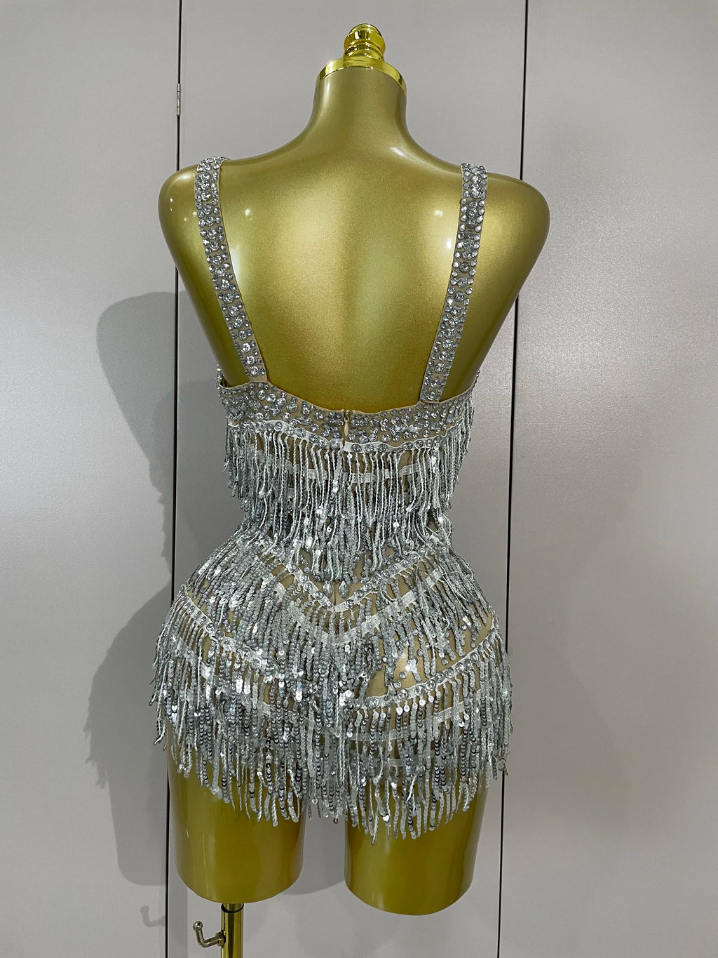 Luxury Rhinestone Sequin Tassel Bodysuit | Silver & Red | S–XL