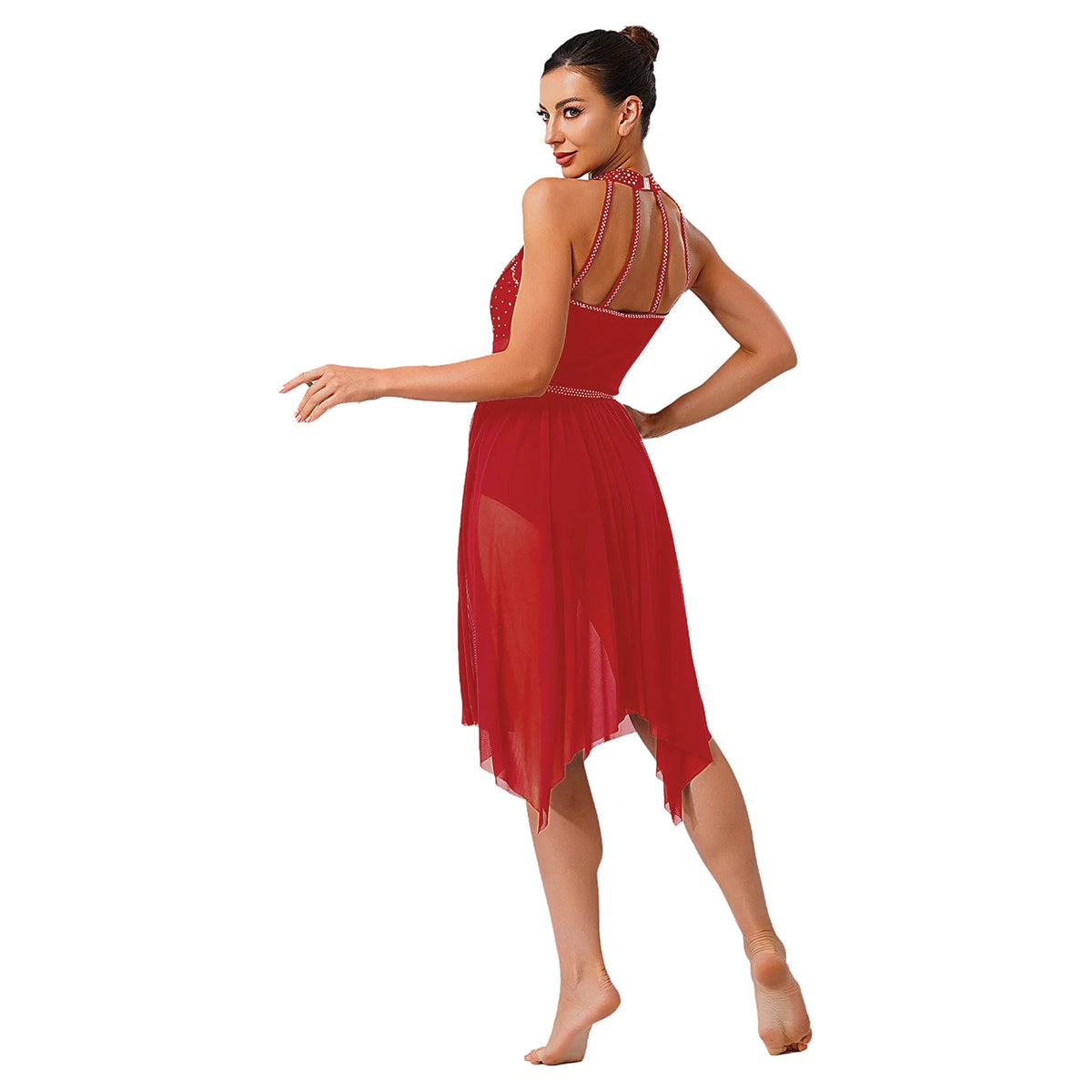 Women's Rhinestone Halter Lyrical Dance Dress | Irregular Mesh Ruffle Hem | Competition & Performance