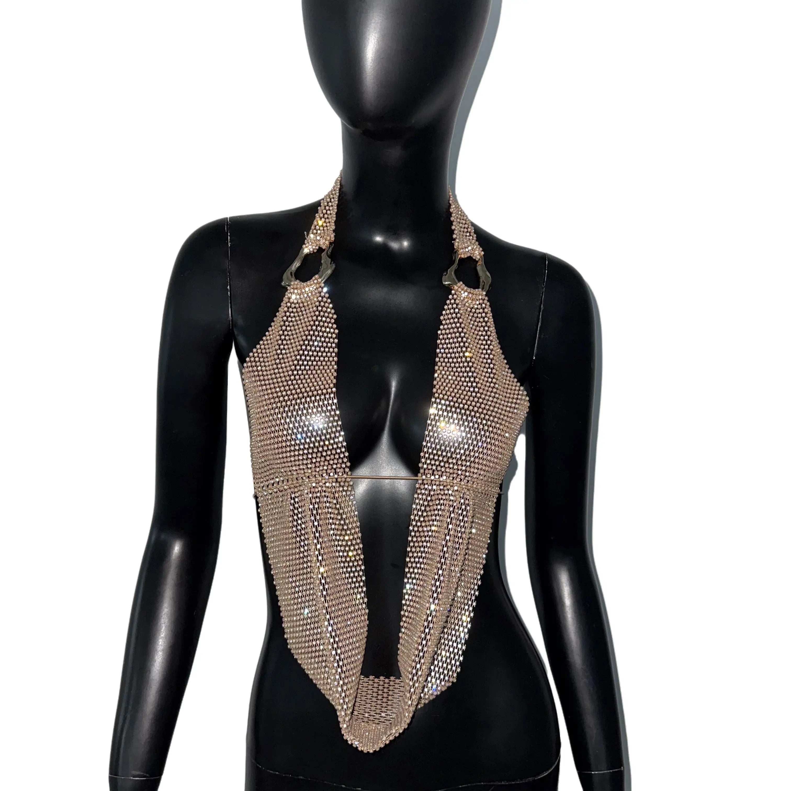 Rhinestone Mesh Halter Crop Top - Sheer Backless