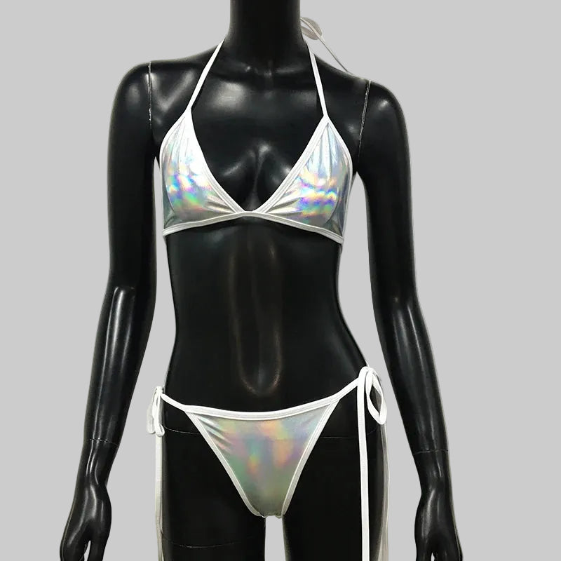 Rhinestone Bandage Bikini Set - Padded Halter Swimwear