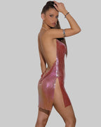Metallic Sequin Halter Mini Dress - Deep V-Neck with Side Split