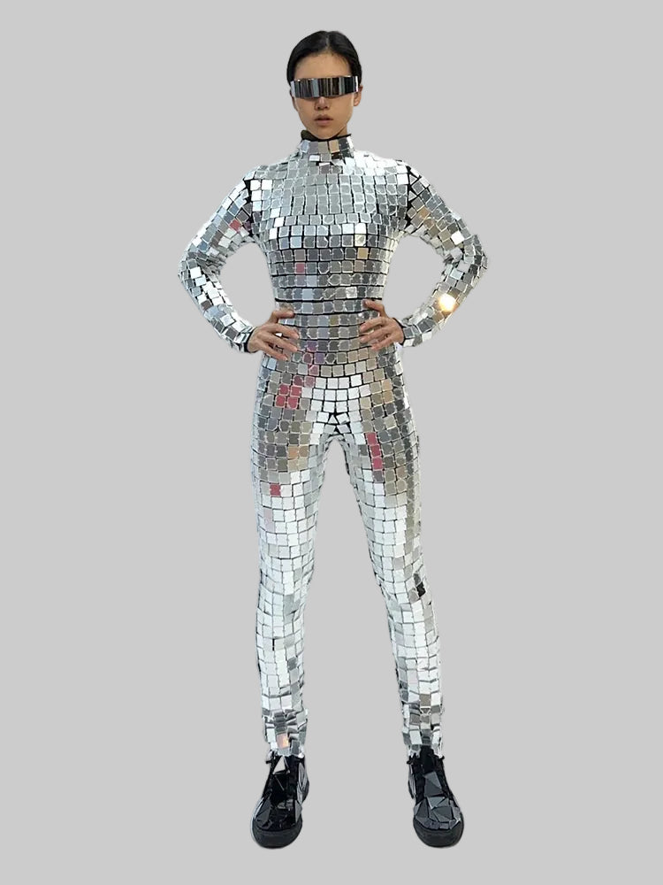 Silver Mirror Stage Costume - Futuristic Long Sleeve Bodysuit for Gogo Dancers & Showgirls