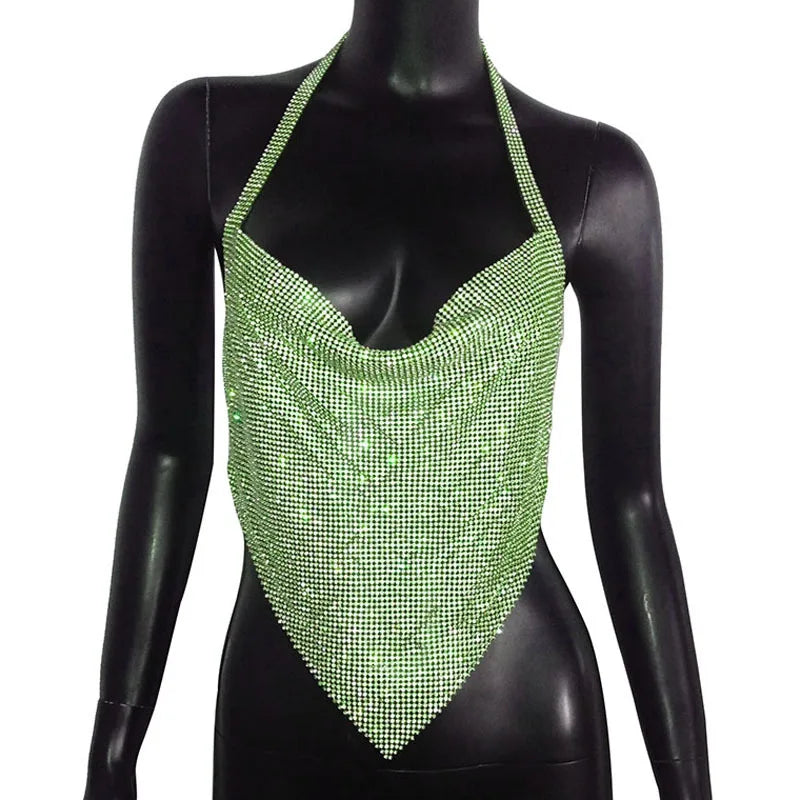 Rhinestone Backless Camisole Crop Top - Deep V-Neck Glitter Tank