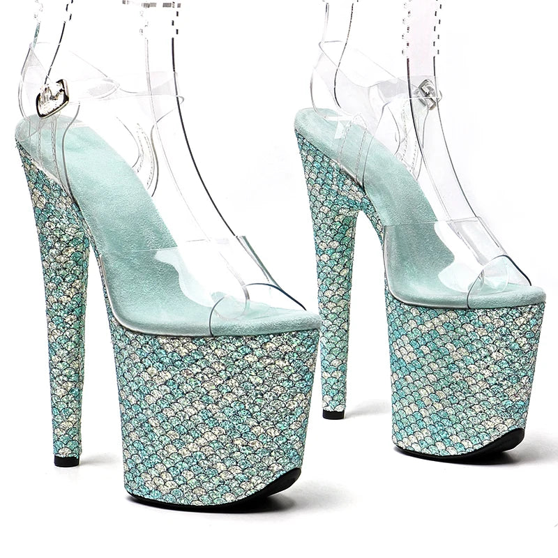 20cm Clear Platform Sandals - Open Toe Glitter Dance Heels