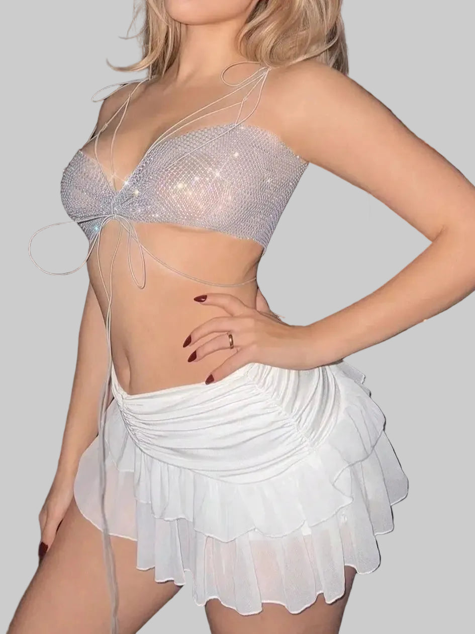 Rhinestone Mesh V-Neck Crop Top - Sheer Backless Fishnet Tank