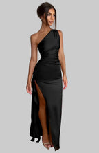 One Shoulder Satin Gown - High Slit Backless Dress