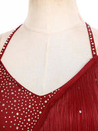Rhinestone Tassel Latin Leotard | Halter Neck | Backless | Fringe Skirt