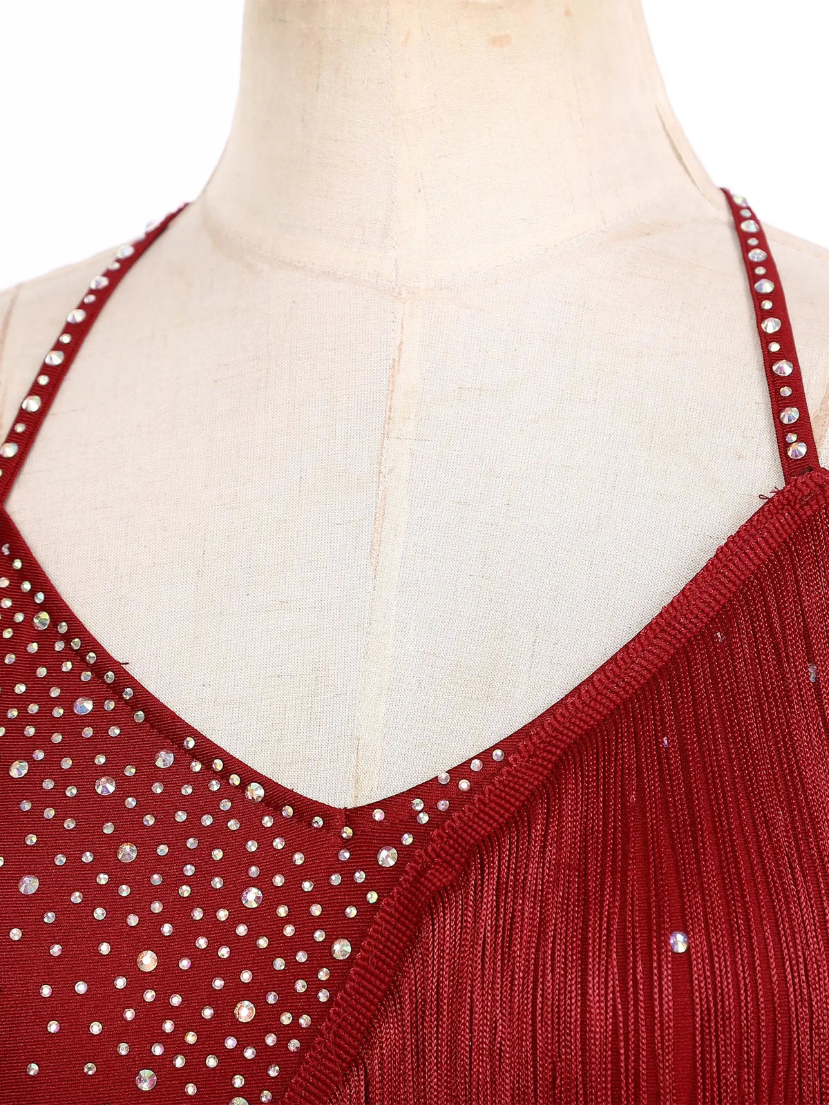 Rhinestone Tassel Latin Leotard | Halter Neck | Backless | Fringe Skirt