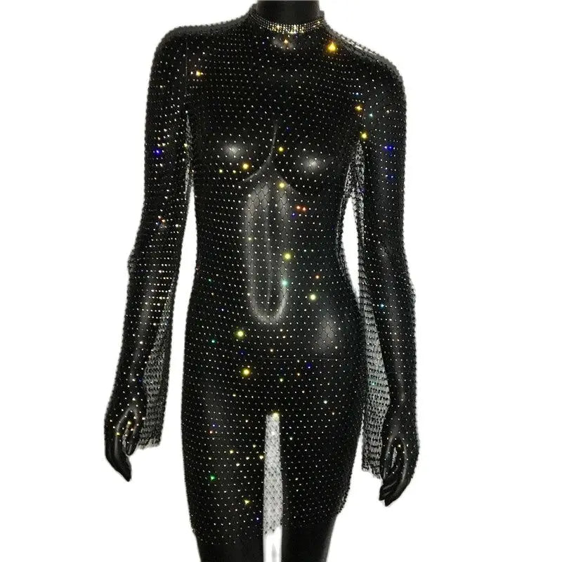 Diamond Fishnet Mini Dress - Sheer Long Sleeve Cover Up