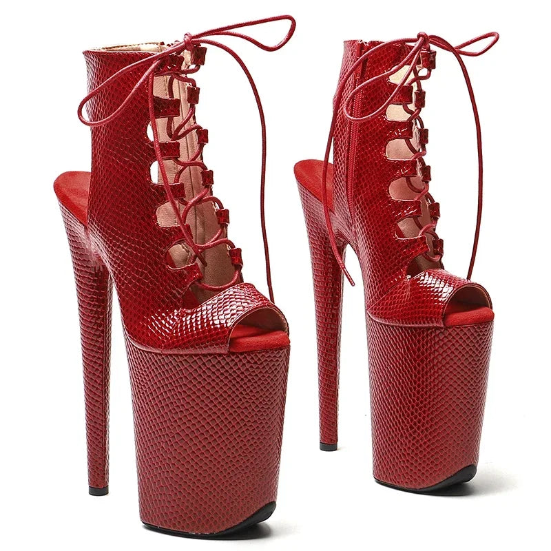 9-Inch Snake Print Ankle Boots - Open Toe Platform Dance Boots
