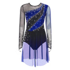 Rhinestone Sequin Leotard Dress | Mesh Long Sleeve | Gradient Skirt | Figure Skating