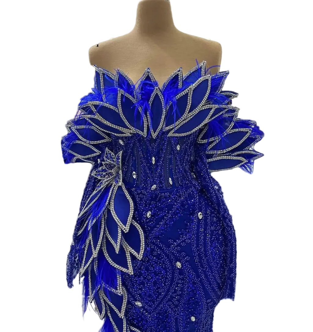 Royal Blue Crystal Feather Gown | Mermaid | Pageant