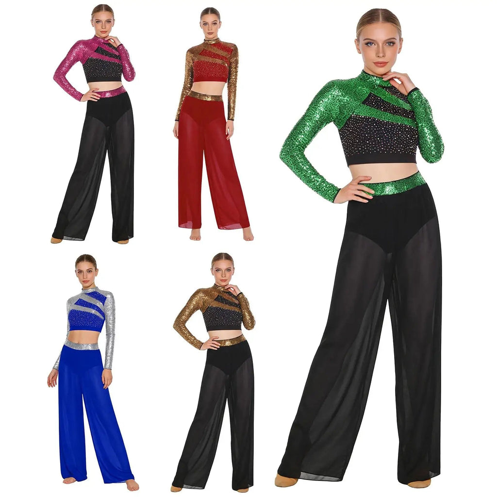Women's Sequin Crop Top & Side-Split Chiffon Pants | Mock Neck & Cutout Back | 2-Piece Dance Set
