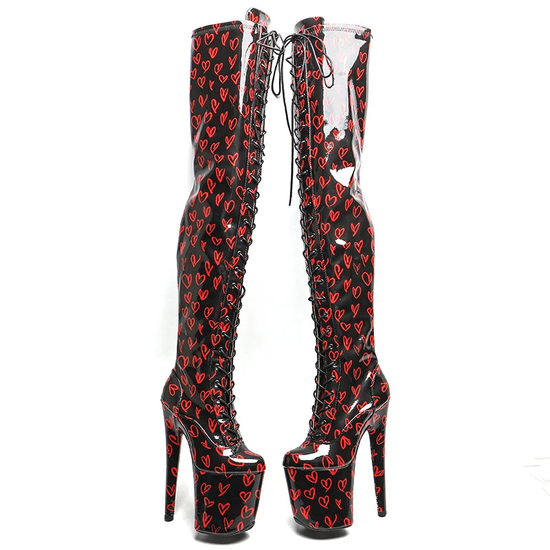 8-Inch Heart Pattern Thigh-High Boots - Lace-Up Dance Boots