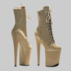 "Sky-High Stiletto" Extreme Patent Platform Lace-Up Ankle Boots - 20cm Heel, Nude/Beige