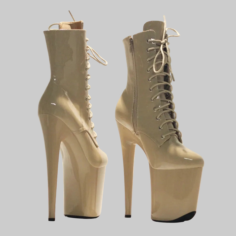 "Sky-High Stiletto" Extreme Patent Platform Lace-Up Ankle Boots - 20cm Heel, Nude/Beige