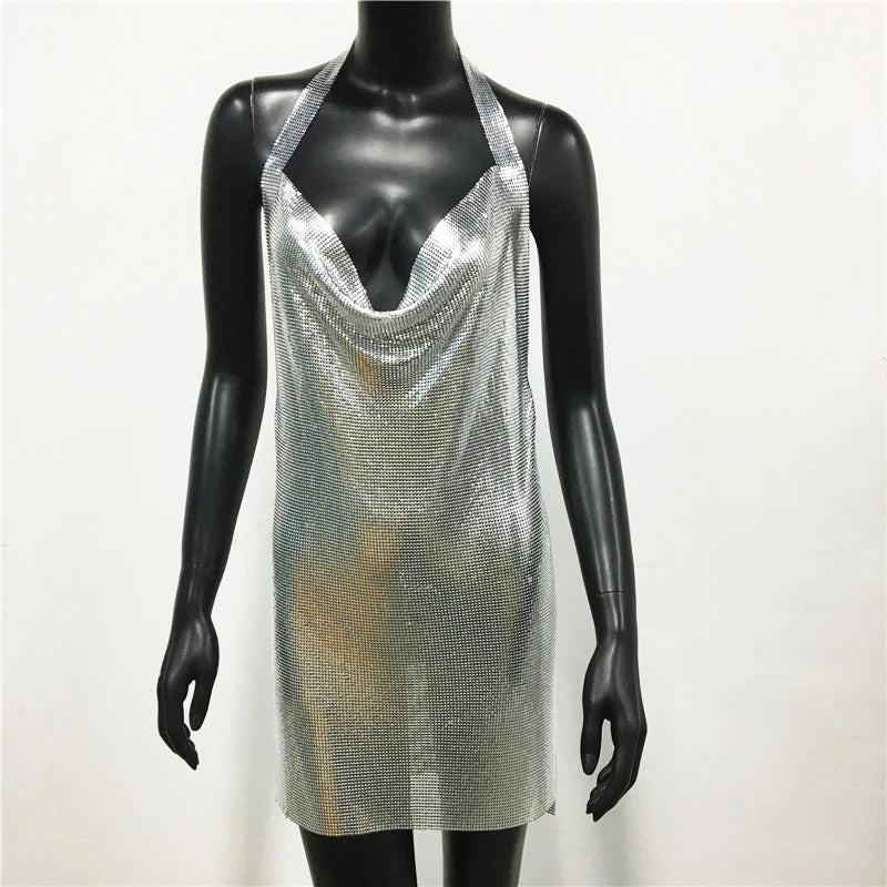 Metal Sequin Halter Mini Dress - Backless V-Neck Side Split Dress