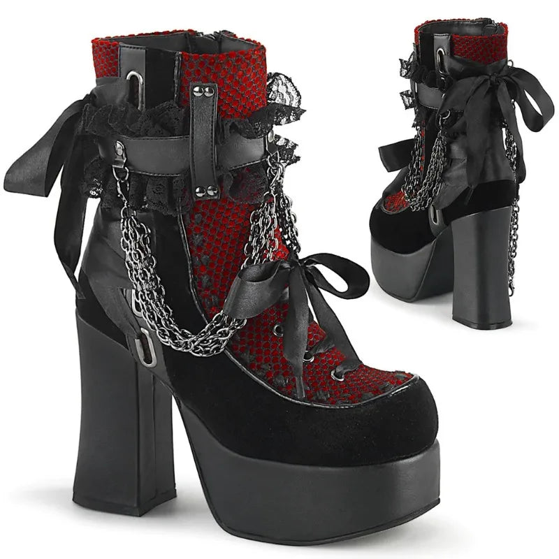 Gothic Chain Platform Ankle Boots | Lace-Up & Bow | Black & Red