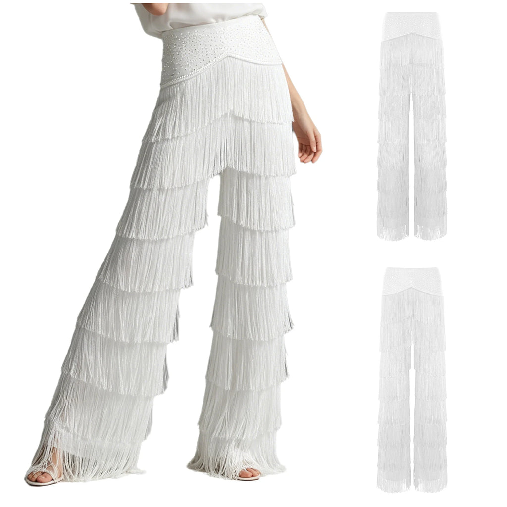 Fringe Tassel Latin Dance Pants | Rhinestone Waist | Straight Leg