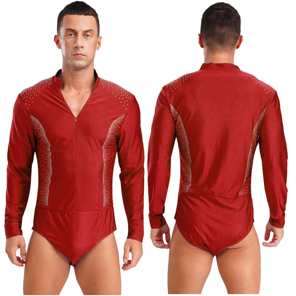 Men's Rhinestone Dance Leotard | Deep V-Neck & Velvet Mesh Patchwork | Long Sleeve