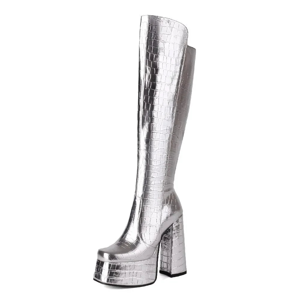 Knee-High Platform Boots | Croc-Effect | 14cm