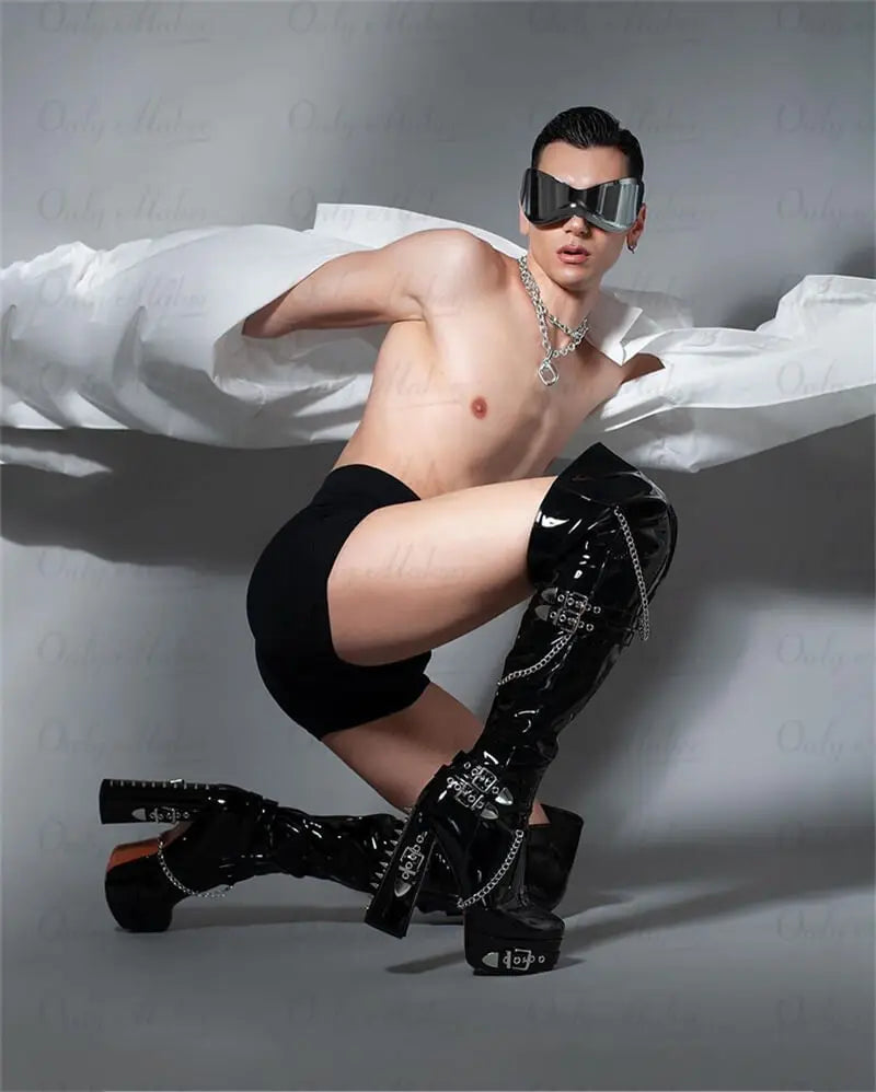 Black Metal-Detail Thigh-High Boots | 15–16 cm Heel