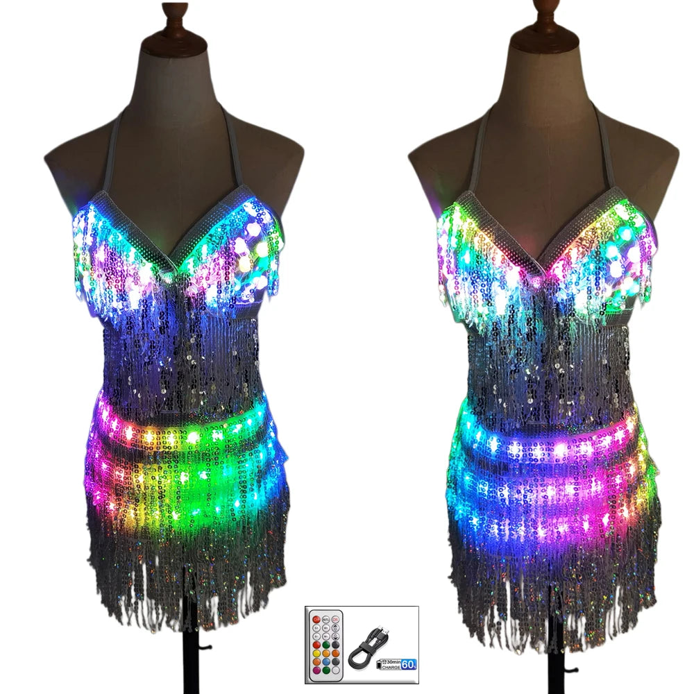 LED Light-Up Sequin Tassel Dress | Glowing Stage & Festival Outfit
