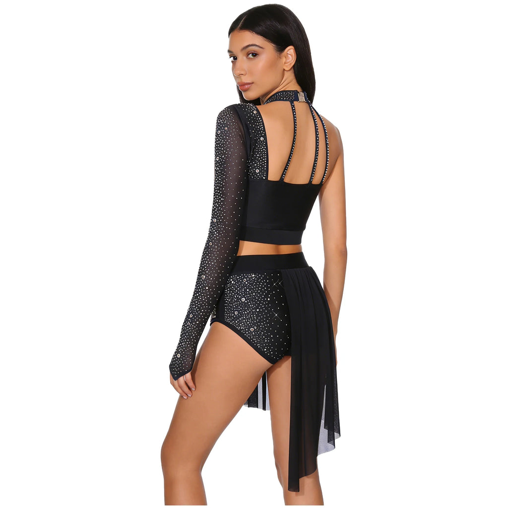 Latin Dance Set | Rhinestone Crop Top & Shorts | Asymmetrical
