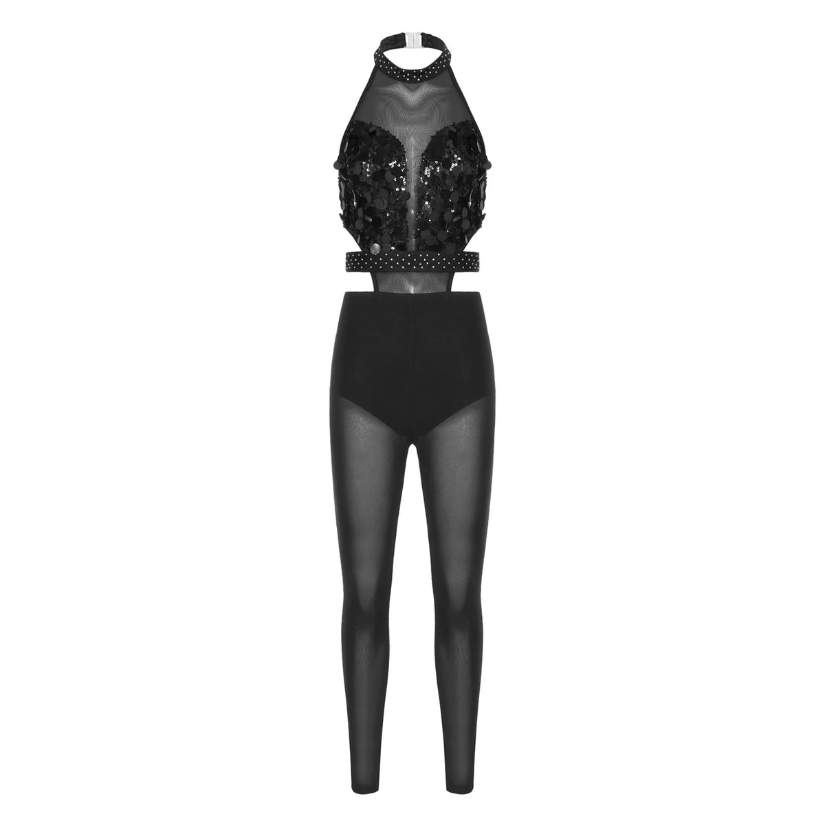 Women's Rhinestone Gymnastics Unitard | Mesh Patchwork & Asymmetric Shoulder | Performance Jumpsuit