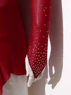 Rhinestone Sheer Mesh Long Sleeve Figure Skating Dress | Open Back | Color Block | Lyrical
