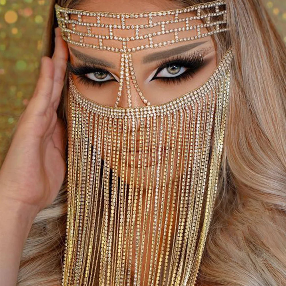 Dazzling Rhinestone Fringe Face Mask - Showgirl, Festival & Performance Accessory