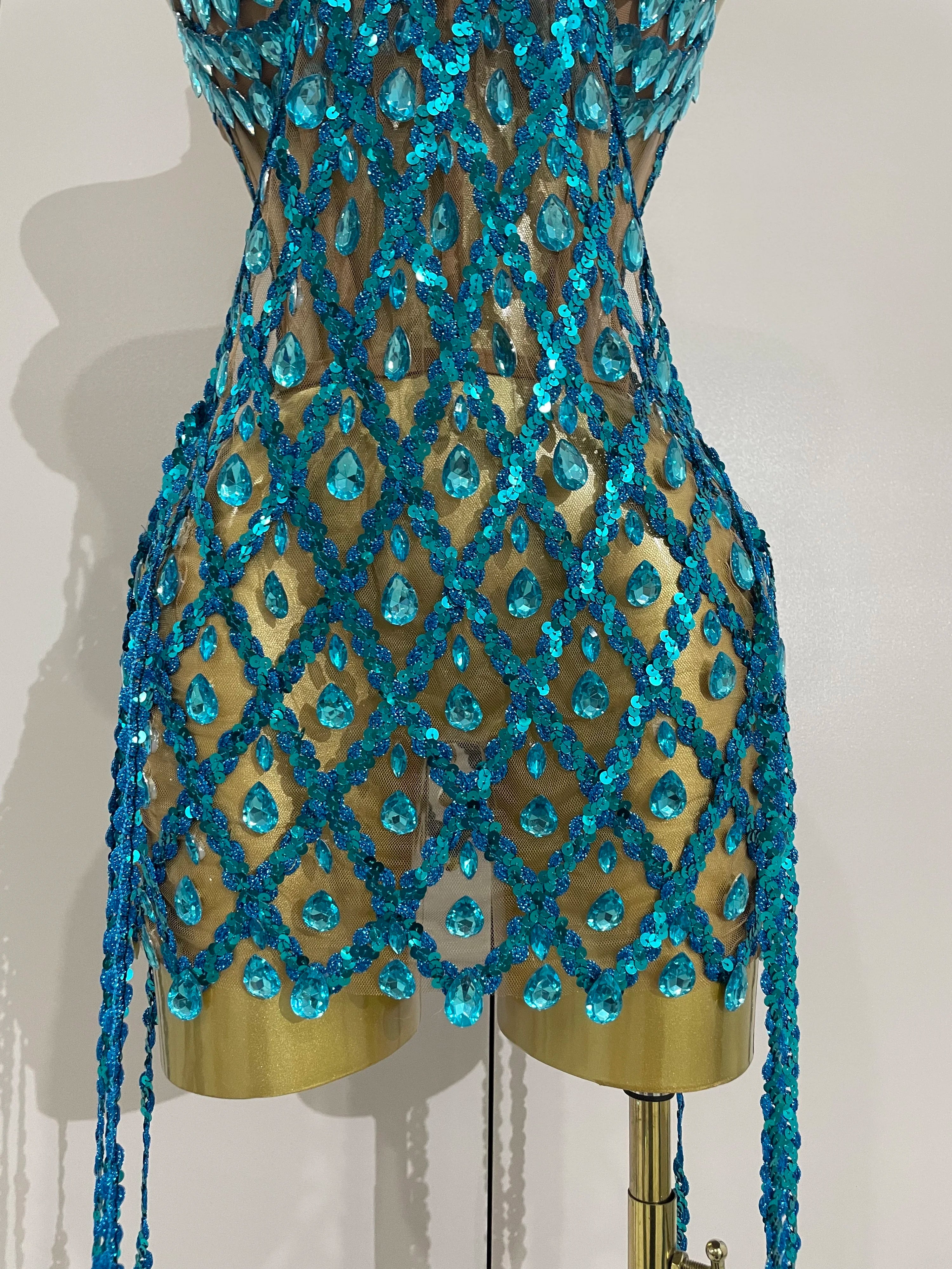 Beaded Fringe Lattice Two-Piece Set | Bra & Mini Skirt | Belly Dance