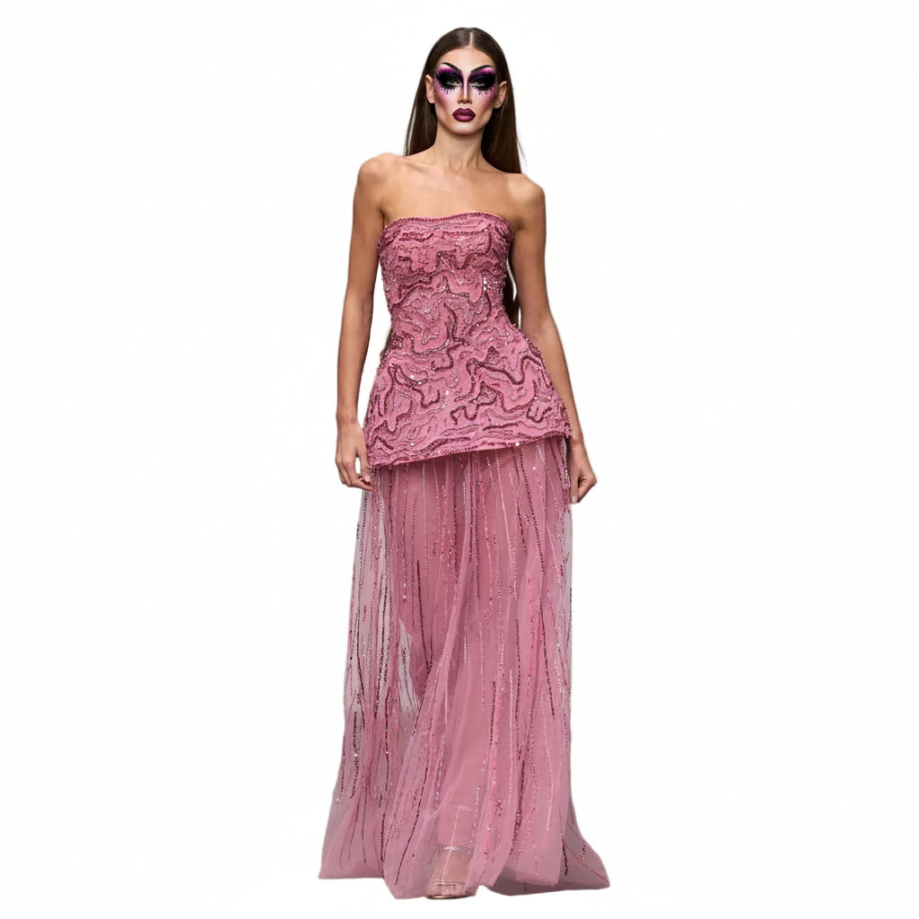 Two-Piece Peplum Gown | Beaded Strapless | Blue & Rose Pink