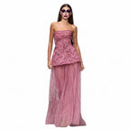 Two-Piece Peplum Gown | Beaded Strapless | Blue & Rose Pink