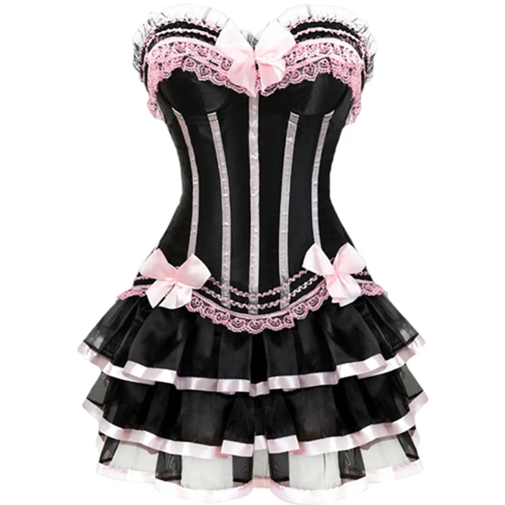 Striped Brocade Overbust Corset Dress | Tiered Ruffle Skirt | Burlesque & Cabaret | S–6XL