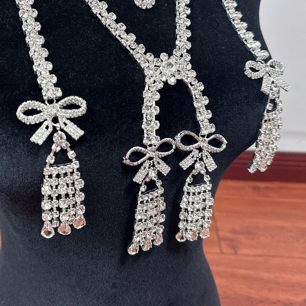 Rhinestone Bowknot Tassel Body Chain | Crystal Silver