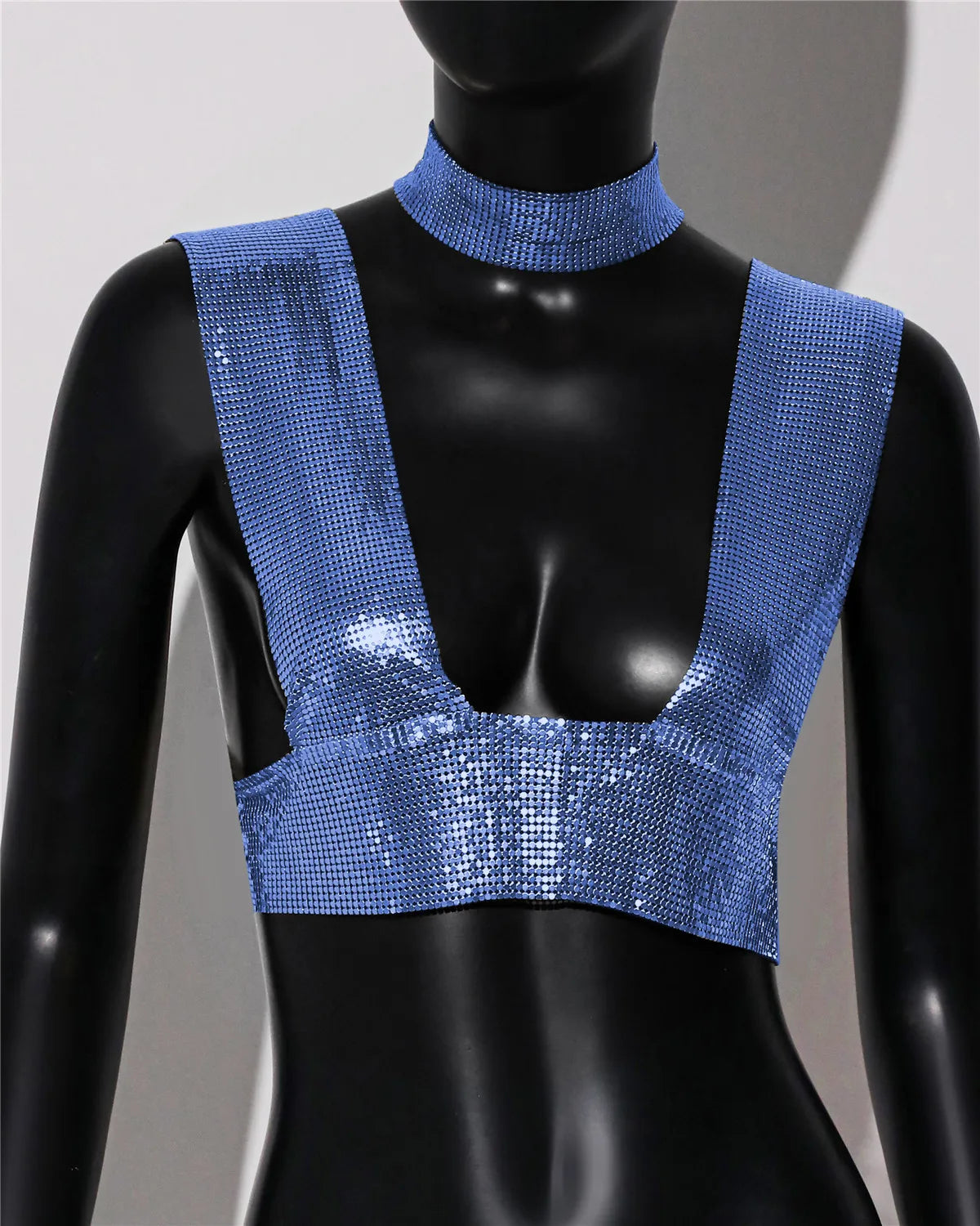 Sequin Choker Crop Top - Backless V-Neck Performance Cami