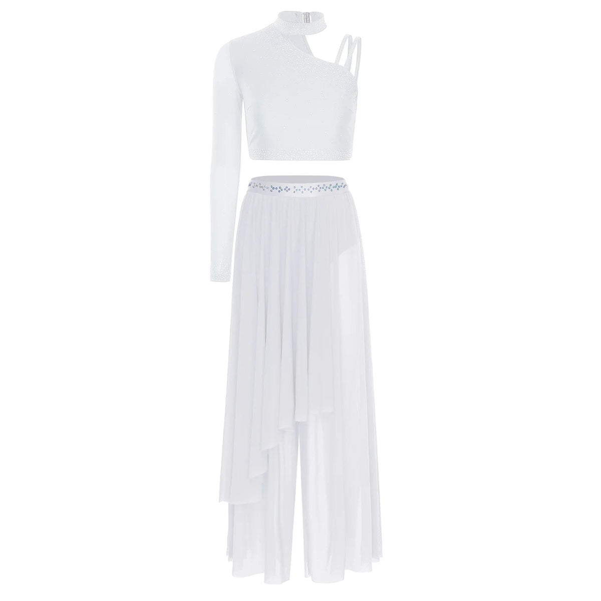 Rhinestone Crop Top & Wide-Leg Split Pants Set | One Shoulder | Lyrical Modern Dance
